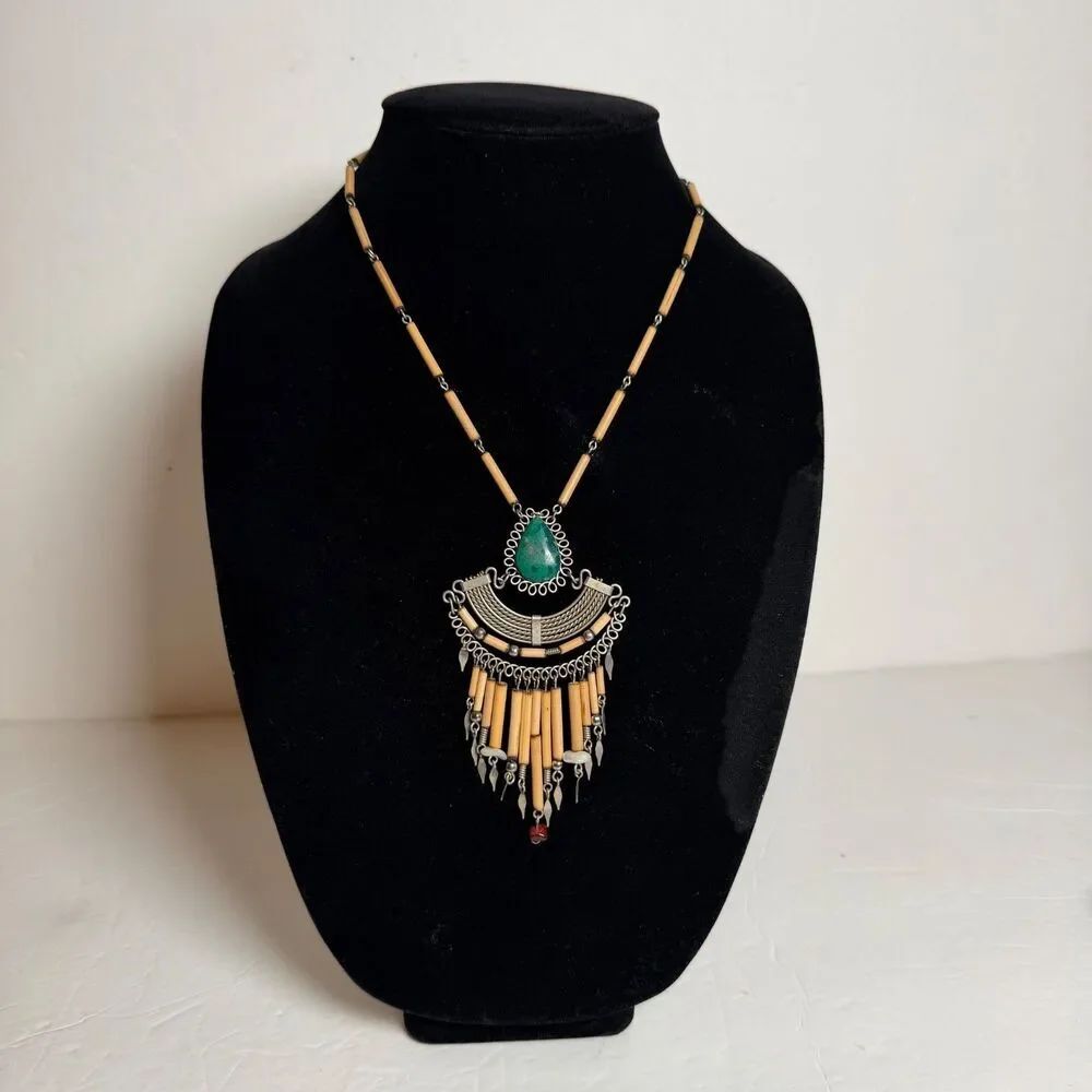 Peruvian Artisan Bamboo Green Stone Tribal Fringe Statement Necklace 22"